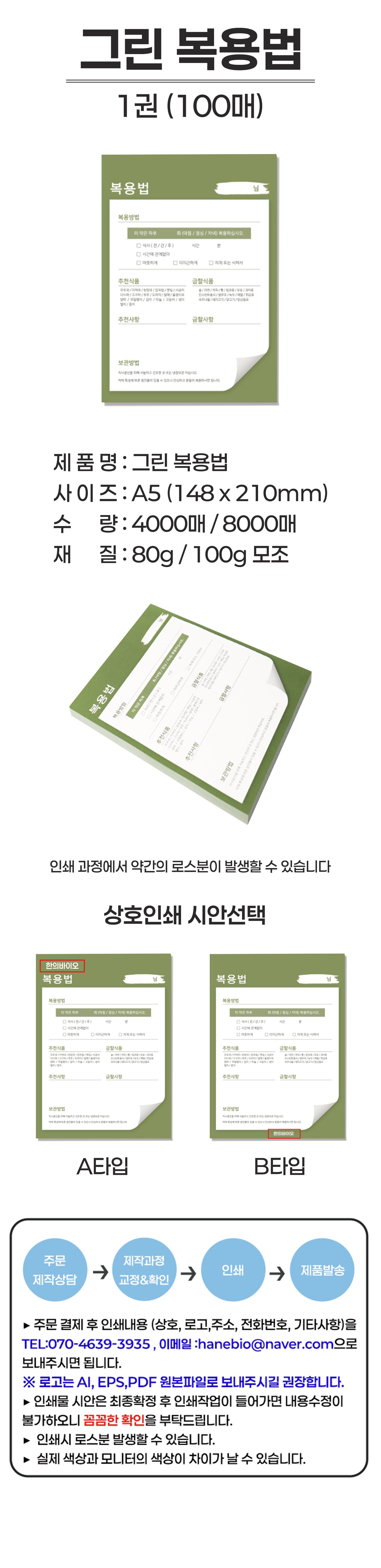 [상호인쇄]그린복용법 A5 (80g/100g,A/B)